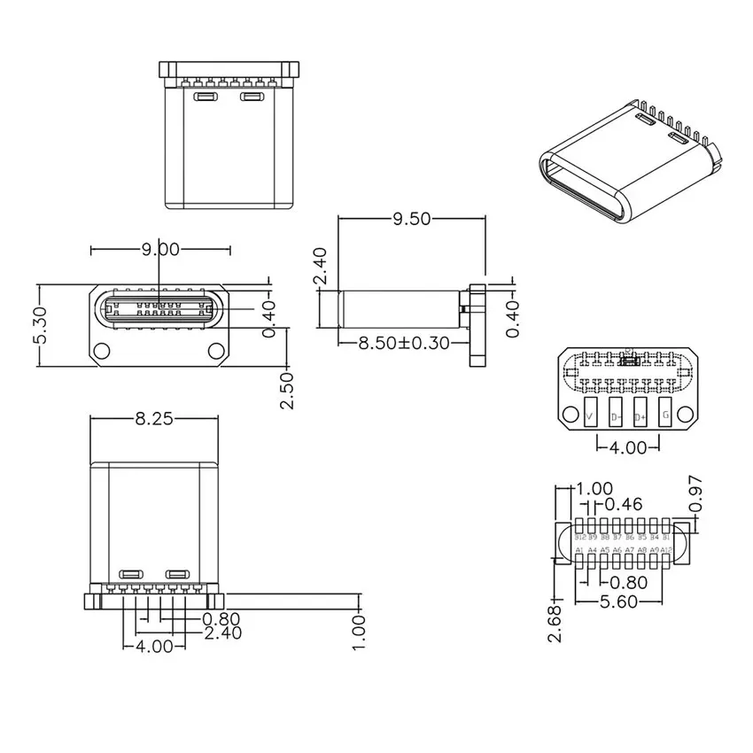 YuXi USB 3.1ประเภท C แจ็คชายแนวตั้ง Patch Board 16pin ข้อมูลแถบ PCB USB-C ชาย16P USB C พอร์ต
