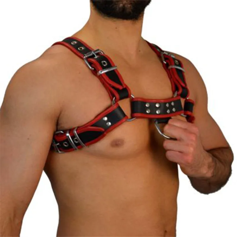 Leather Fetish Men BDSM Gay Chest Harness Belts Male Sexual Bondage Clothes Black and Red Body Harness Straps Punk Rave Tops