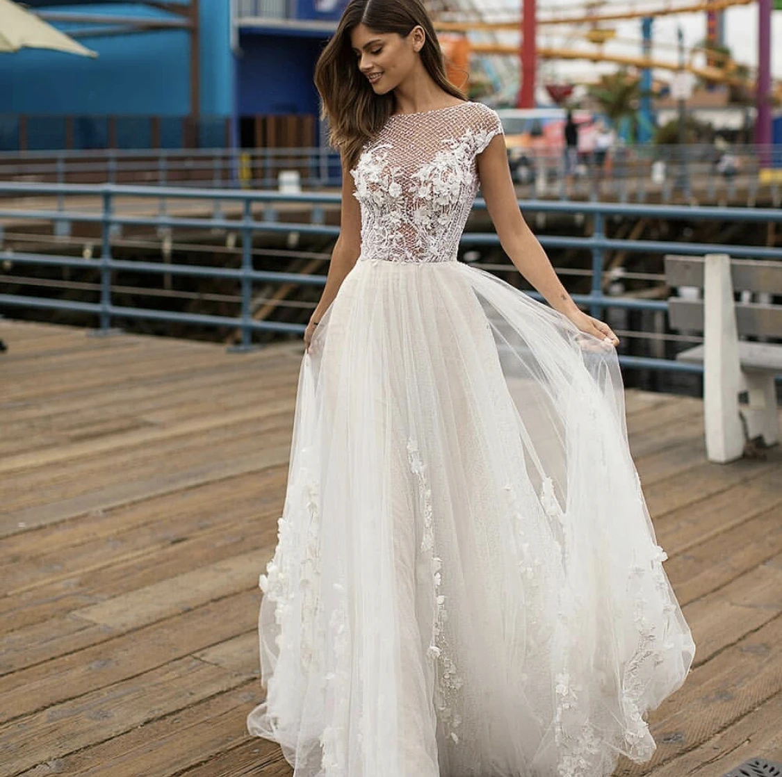 Vestido de casamento a linha o-pescoço boné manga rendas apliques lantejoulas contas sem costas tule andar comprimento varredura trem vestido de noiva novo