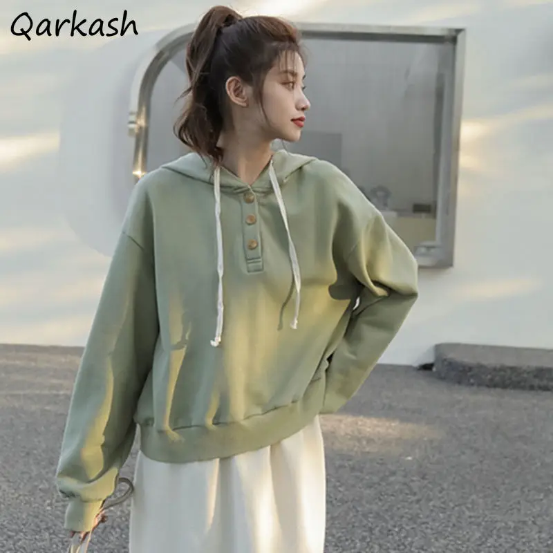 

Solid Hoodies Women Button Crop Top Loose Teenagers Leisure Hooded Trendy Ulzzang Soft Sweatshirts New-arrival Females All-match