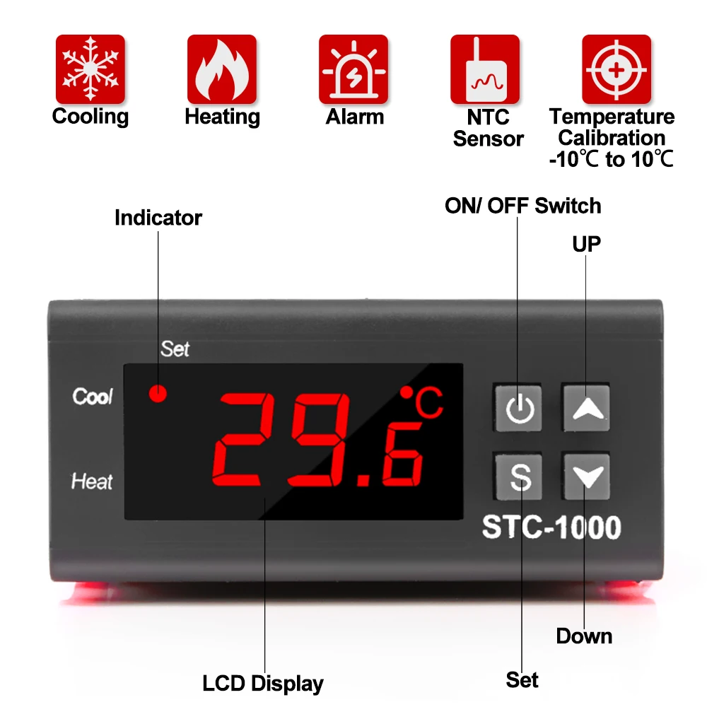 Termostato del termoregolatore di Digital LED del regolatore di temperatura di RZ per il STC-1000 di raffreddamento 12V 24V 220V del riscaldamento del relè 10A dell'incubatore