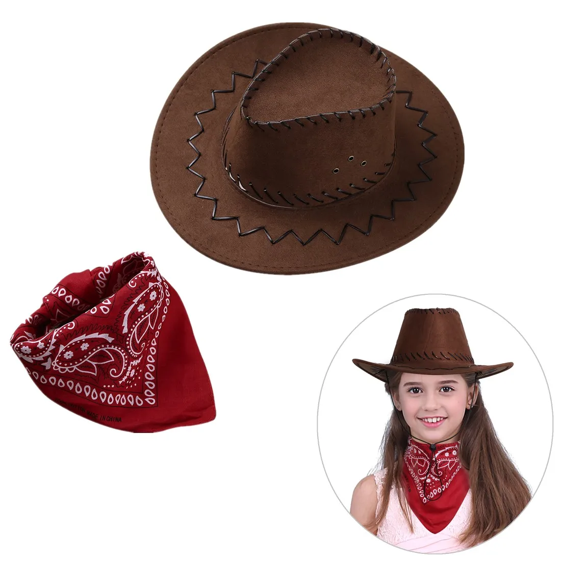 New Kids Western Cowboy Hat Cap With Bandanna Scarf Vest Set Children Boys Girls Halloween Cosplay Party Costume Accessories