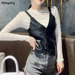 Women Vests Classic High Street Black Leather Outerwear V-neck Single Breasted Coats Spring Slim Retro Handsome Moto Waistcoats