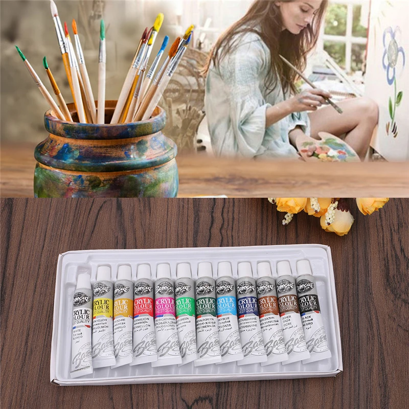 6 ml 12 Color Professional Acrylic Paints Set Hand Painted Wall Paint Tubes Artist Draw Painting Pigment Free Brush