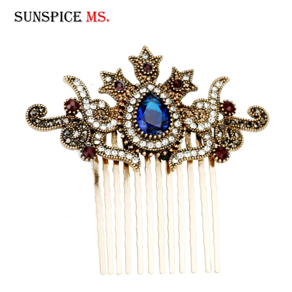 Sunspicems Retro Gold Color Bohemia HairComb For Women Turkish Arab Updo Hair Jewelry Muslim Ethnic Bridal Wedding Hairware