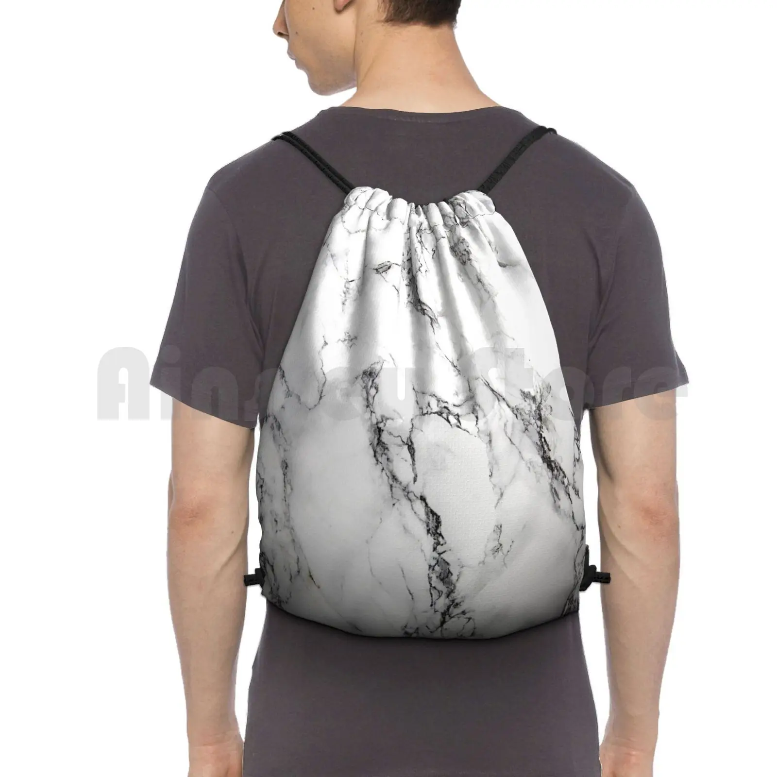 Marble Backpack Drawstring Bags Gym Bag Waterproof Marble Black White Background Pattern Phone Case Trendy Trendy Popular