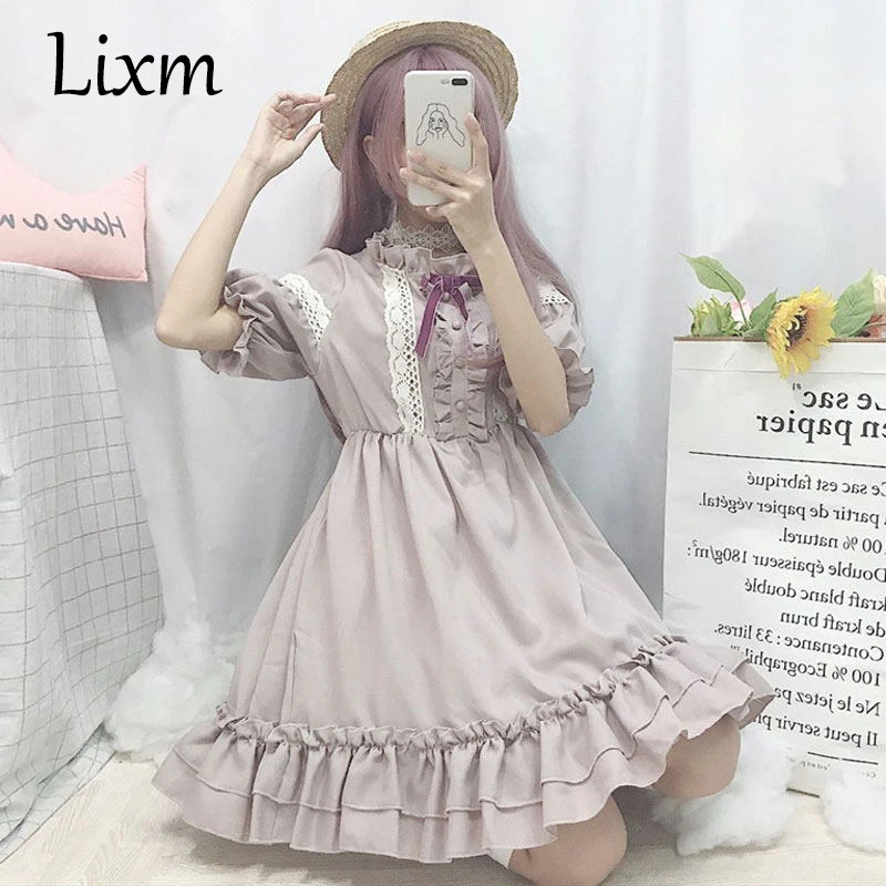 Lolita Japanese Soft Girl Cosplay fur s, Style imprimés, Manches courtes et longues, Halloween Bow fur s, Female fur s, Cute