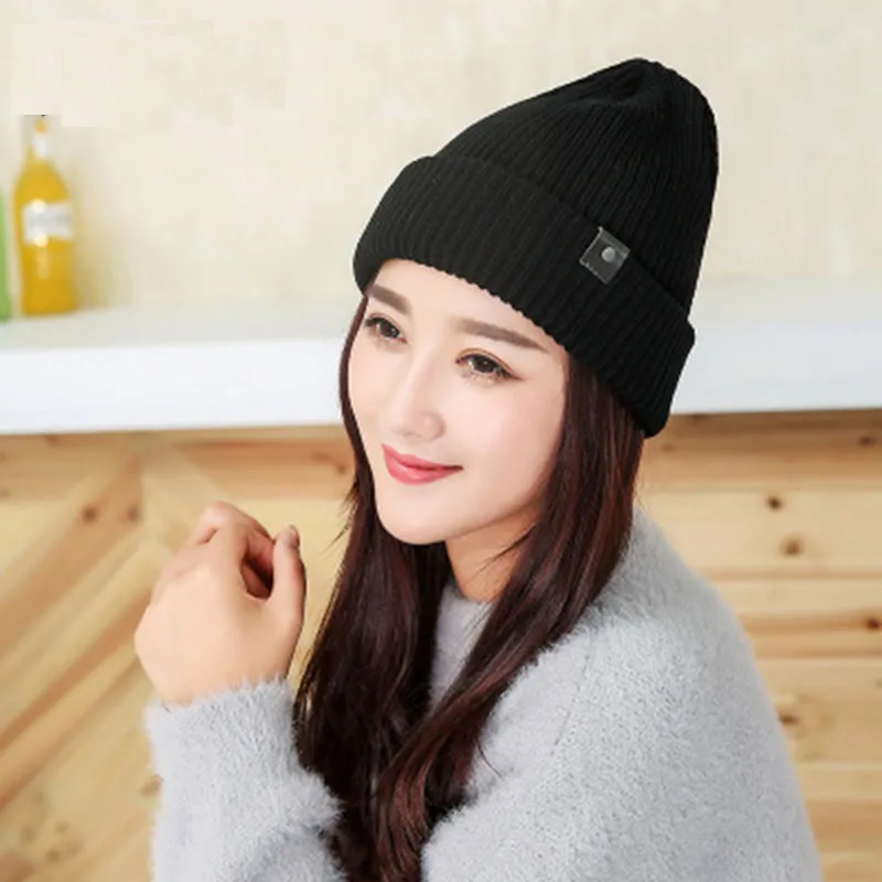 2020 Winter Hat's for Women Knitted Wool Beanie Solid Color with Black Feather Cap Warm and Thick Women's hat Fashion Sweet