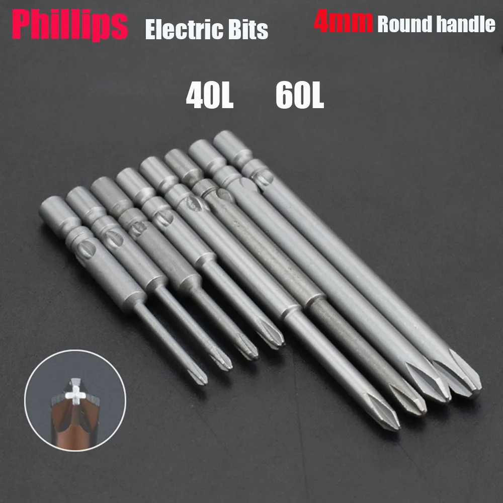 

4PCS 4mm Round Shank Electric Screwdriver Bit Set Steel 40L 60L Length Magnetic Phillips Cross Screwdriver Bit PH00 PH0 PH1 PH2