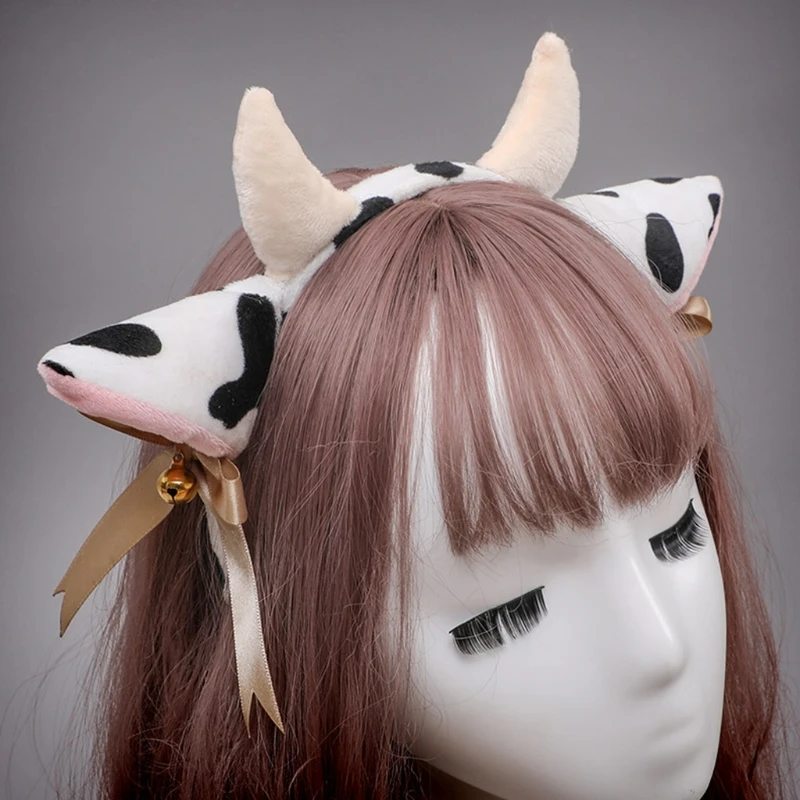 Plush Cow Ear Headband Cosplay Hair Hoop animal hairband cattle horn headwear Devil Headdress