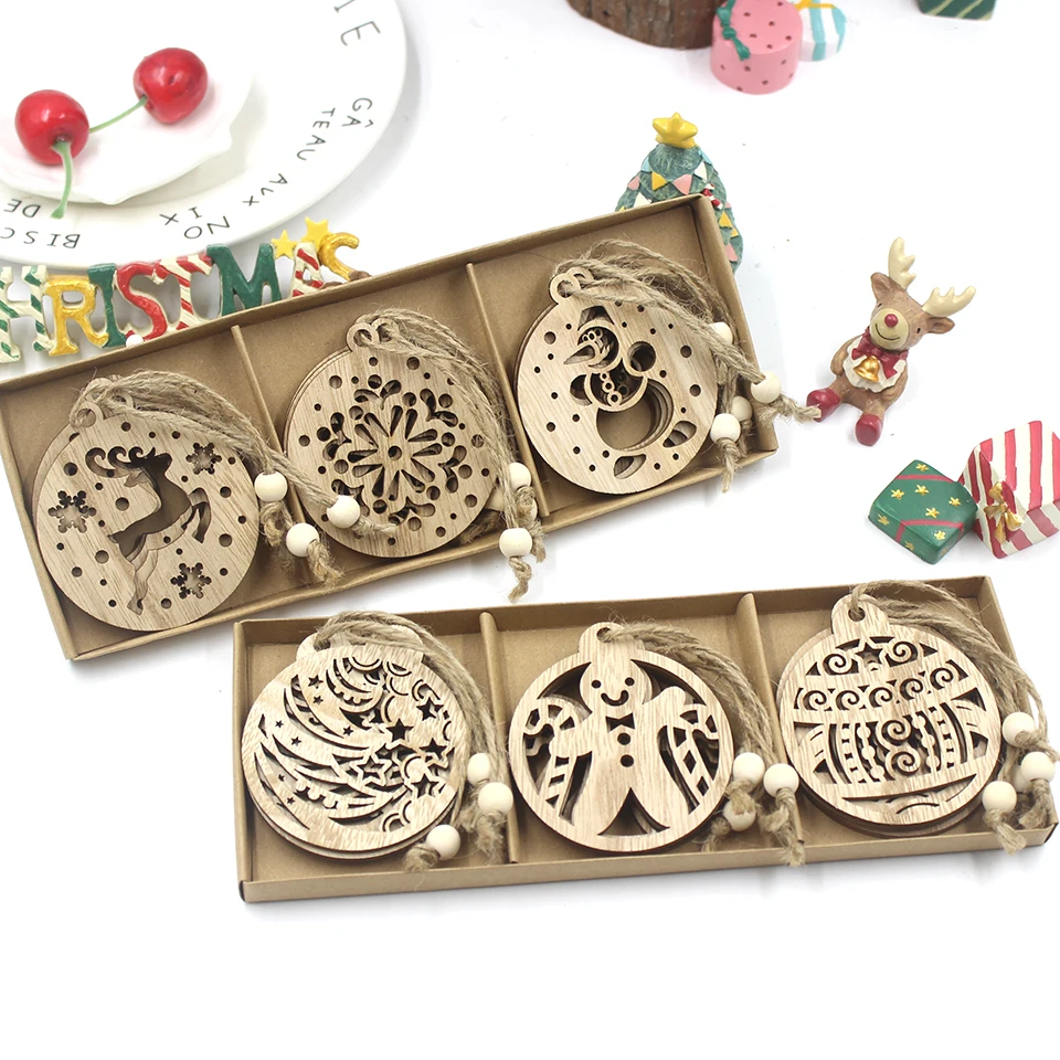 12PCS/Box Vintage Hollow Christmas Wooden Pendants  Xmas Tree Ornament DIY Wood Crafts Kids Gift for Home Xmas Party Decorations