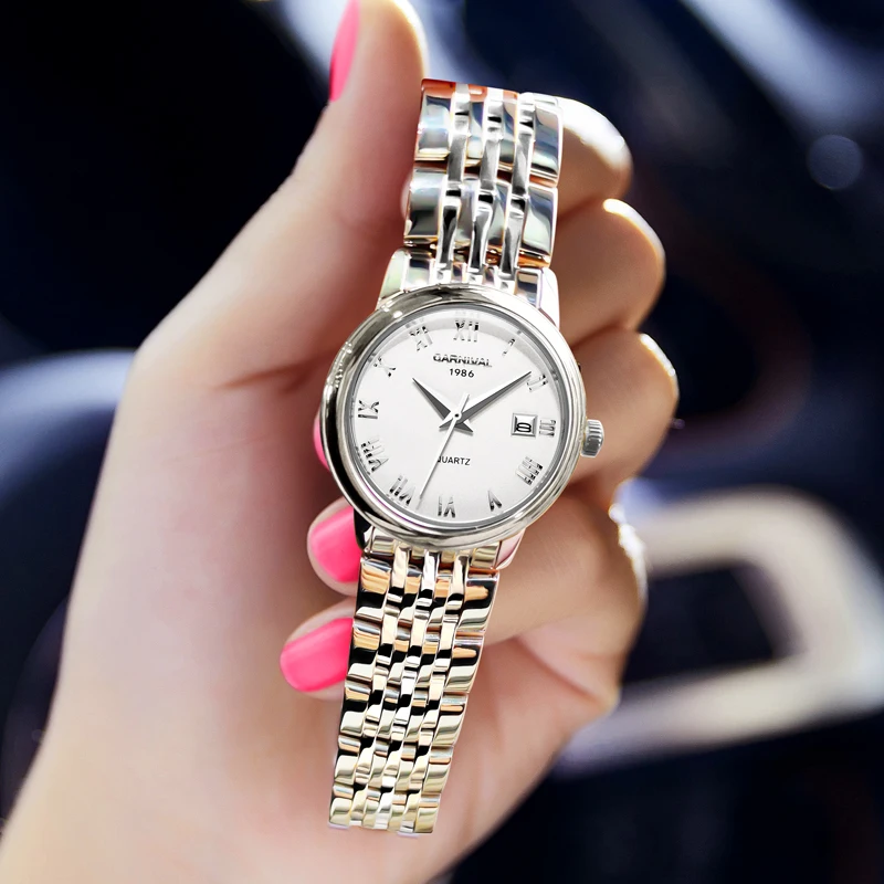 Carnival Fashion Womens Watches Top Brand Luxury Stainless Steel Strap Waterproof Calendar Quartz Watch Women Relogio Feminino