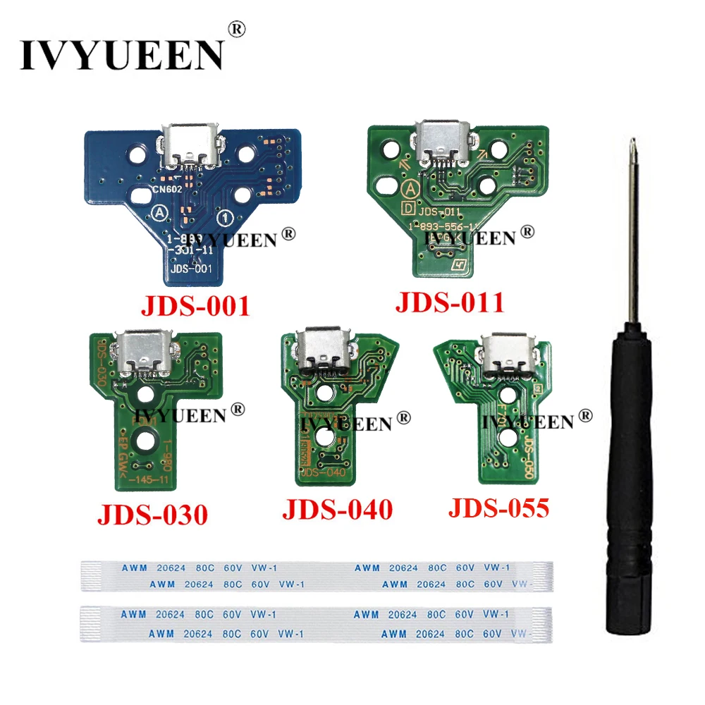IVYUEEN for Playstation 4 PS4 Pro Slim Controller Charging Socket Port Circuit Board with 12 14 Pin Power Flex Ribbon Cable