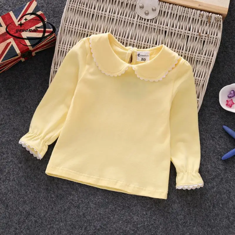 Kids T Shirts Spring Autumn Girls T-shirts Clothing Long Sleeve Peter Pan Collar Solid Color Cotton Children\'s Tops Tees Clothes