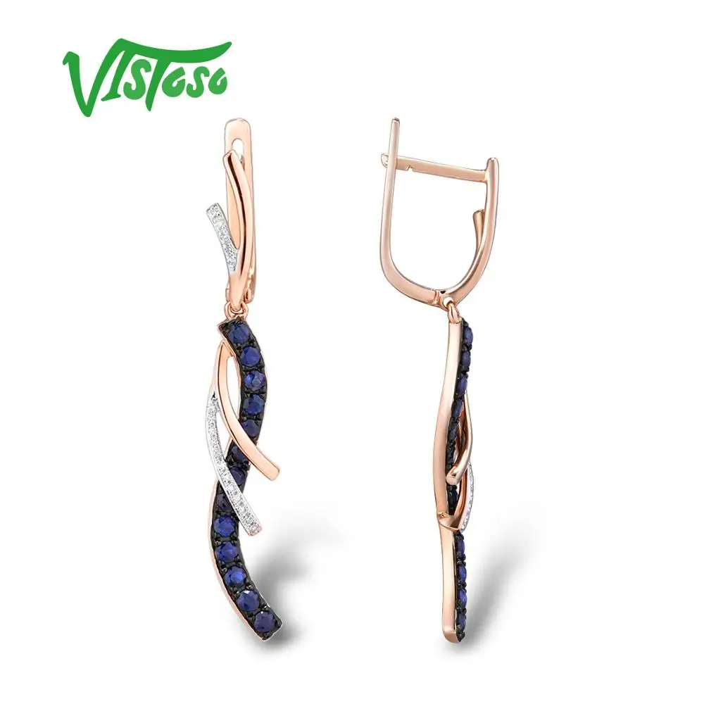 VISTOSO – boucles d'oreilles pendantes pour femmes, bijoux fins en or Rose 14K 585, diamant scintillant, saphir bleu brillant