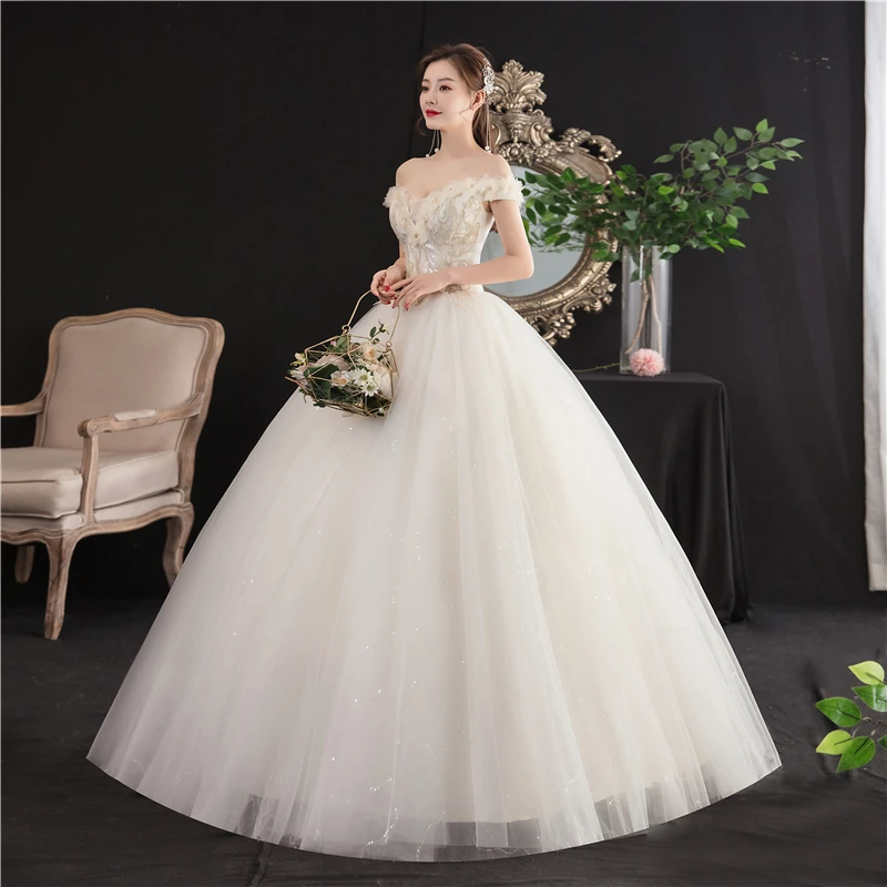 New Vestidos de Novia Sexy Off Shoulder Wedding Dress Sleeve Lace Embroidery Flowers Ball Gown Princess Plus Szie Bridal Dress