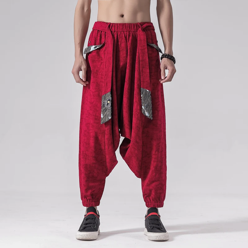 Mężczyźni Hip Hop Baggy Cotton Harem Pants Męskie lniane spodnie z szerokimi nogawkami Męskie spodnie w stylu chińskim Vintage Cross Pants Crotch Robe Pants