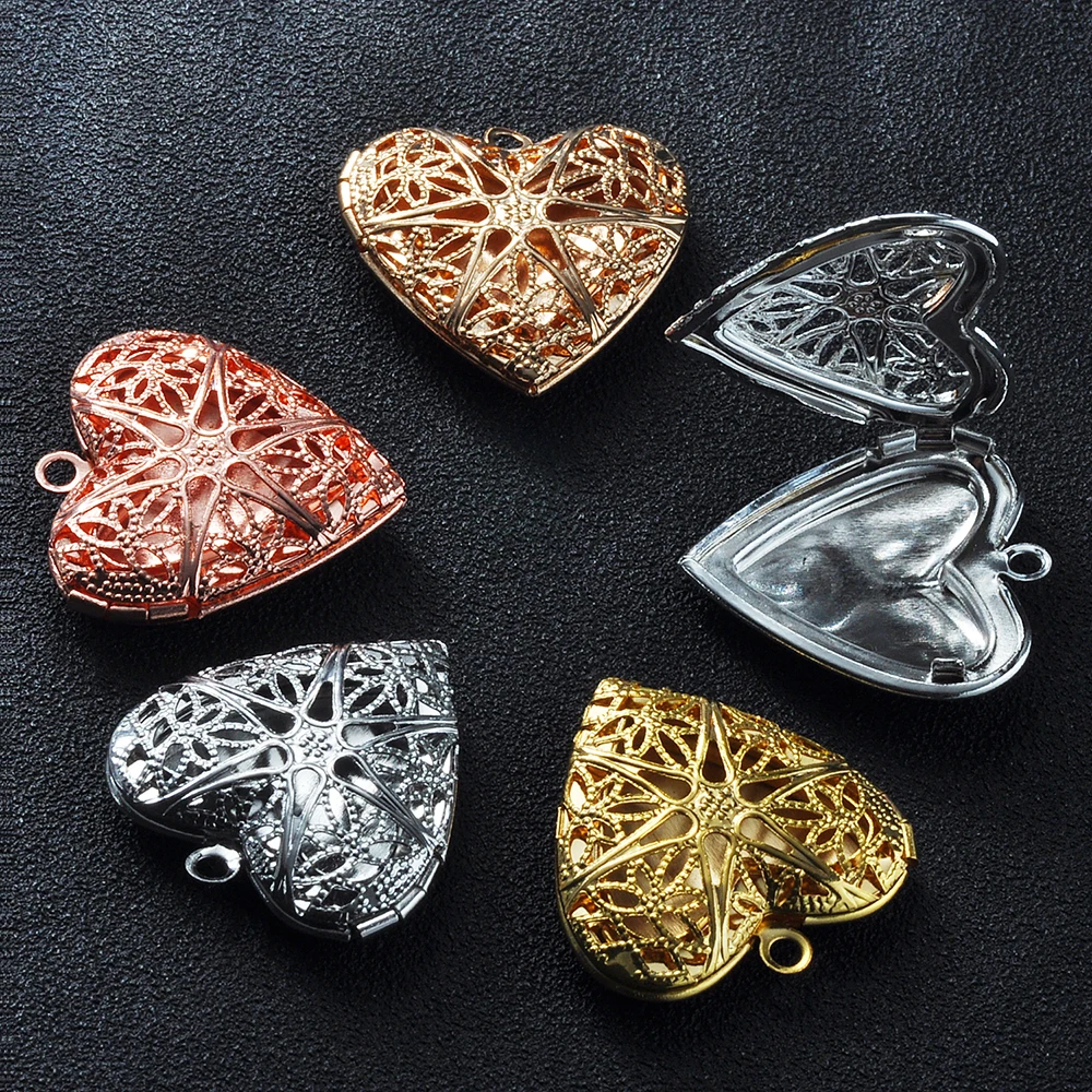30Pcs/Lot Net Hollow Peach Heart Photo Frame Locket Box Copper Pendant For DIY Necklace Vintage Craft Jewelry Accessories