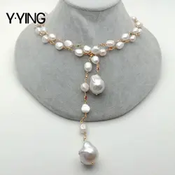 Y·YING 128cm Freshwater White Keshi Pearl white baroque pearl Mixed Color Cubic Zirconia Pave Chain Long Necklace women jewelry