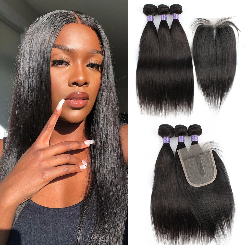 Natural color hair bundles with closure straight 200g/set Brazilian human hair middle part 4x4 closure with T type lace