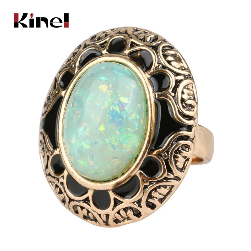 Kinel Hot Vintage Opal Stone Rings For Women Fashion Antique Gold Black Enamel Oval Ring Bohemian Jewelry