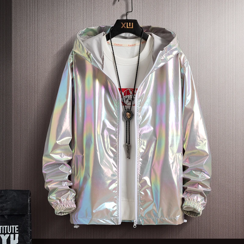 Women Basic Jackets Summer 2024 Colorful Reflective Oversize Thin Windbreaker Women Hooded Jackets Coat Zipper Woman veste femme