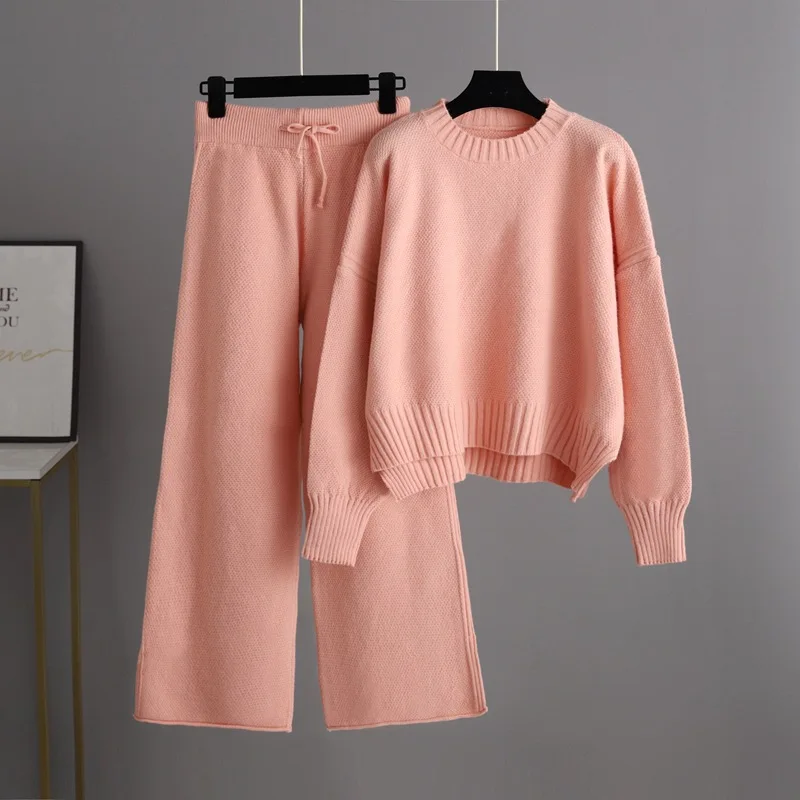 HLBCBG Basic Two Piece Knitted Loose Pants and O Neck Sweater Suit Women 2023 Autumn Winter Warm Sets Female Tracksuits Pullover