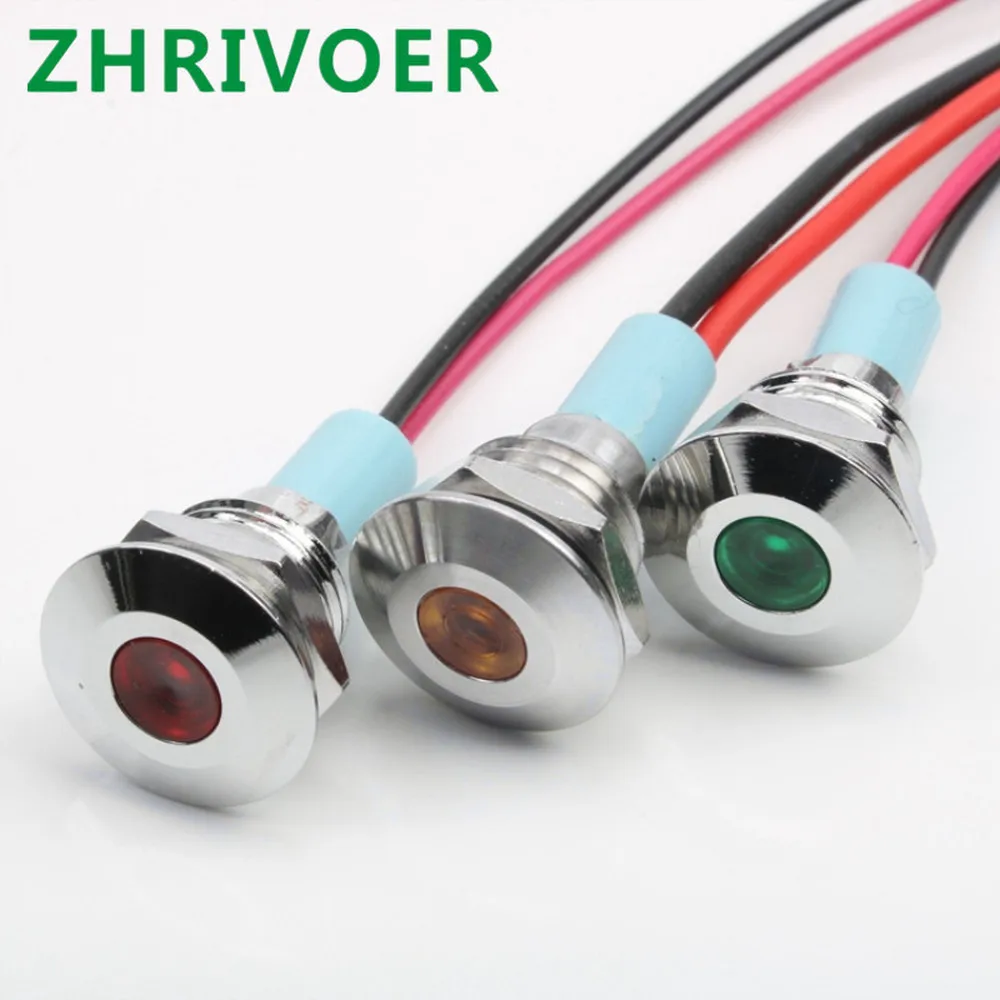 1pcs 10mm 6V 12V 24V 220v Flat head LED Metal Indicator light 10mm waterproof Signal lamp with wire red yellow blue green white