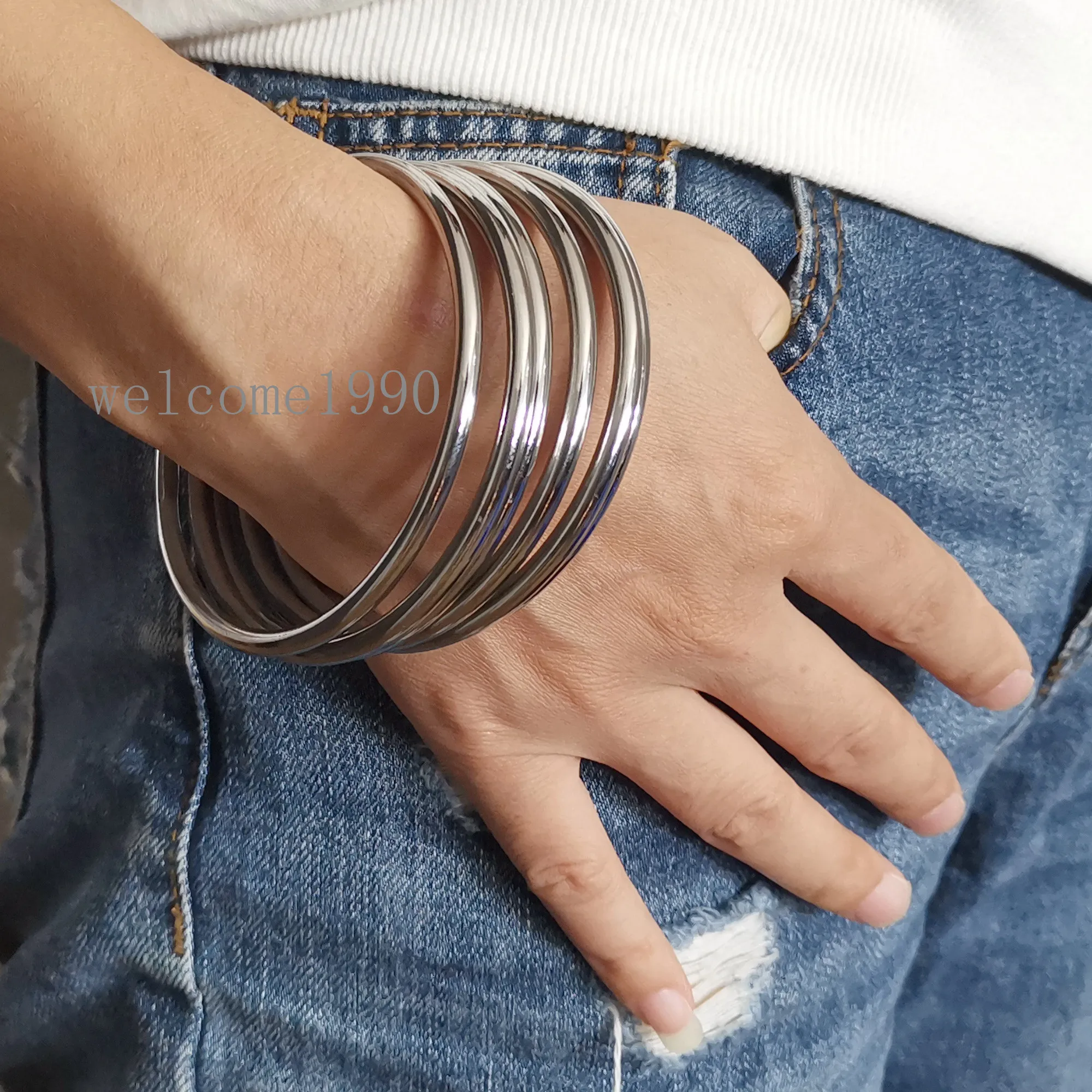 

6pcs/set Stainless Steel Solid round Wire Cuff Bangle women men boys girls bracelet 4mm wide