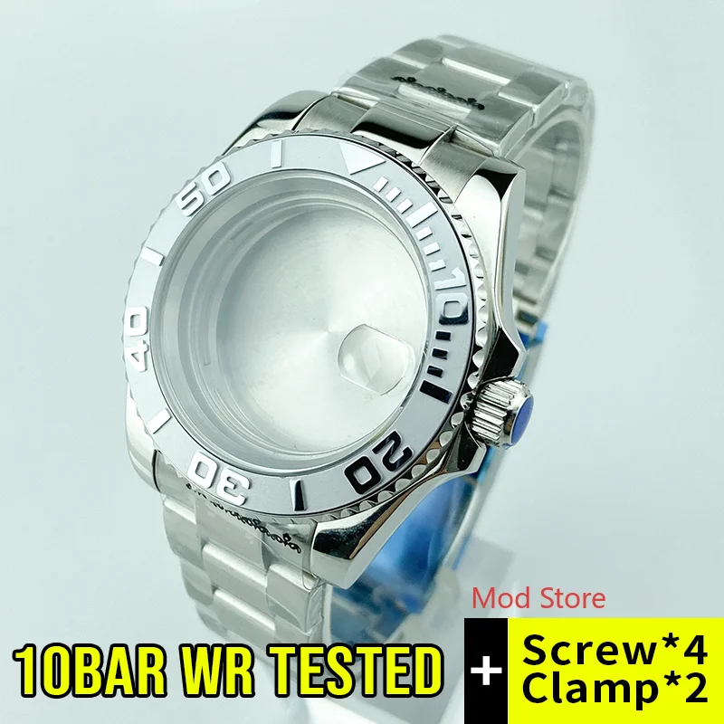 

HQ 100M WR 40mm Silver Bezel Sapphire Crystal Watch Case Polished Center S/S Bracelet Fit Miyota8215 Yacht Master Style Watch