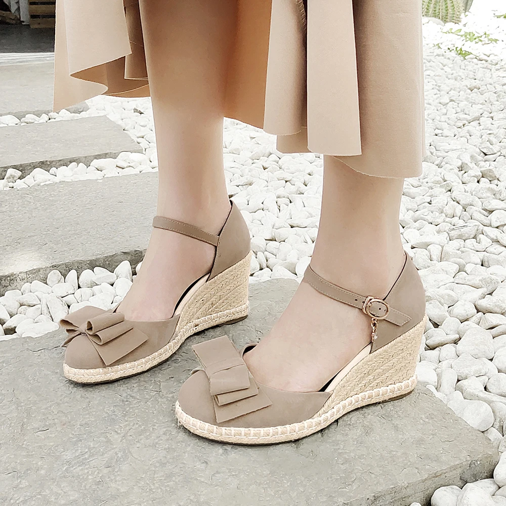 Women Bow Tie Espadrilles Leisure Wedges High Heels Lady Pumps Foothold Shoes Heel Slip On Round Toe for Femme Chaussures 32 33