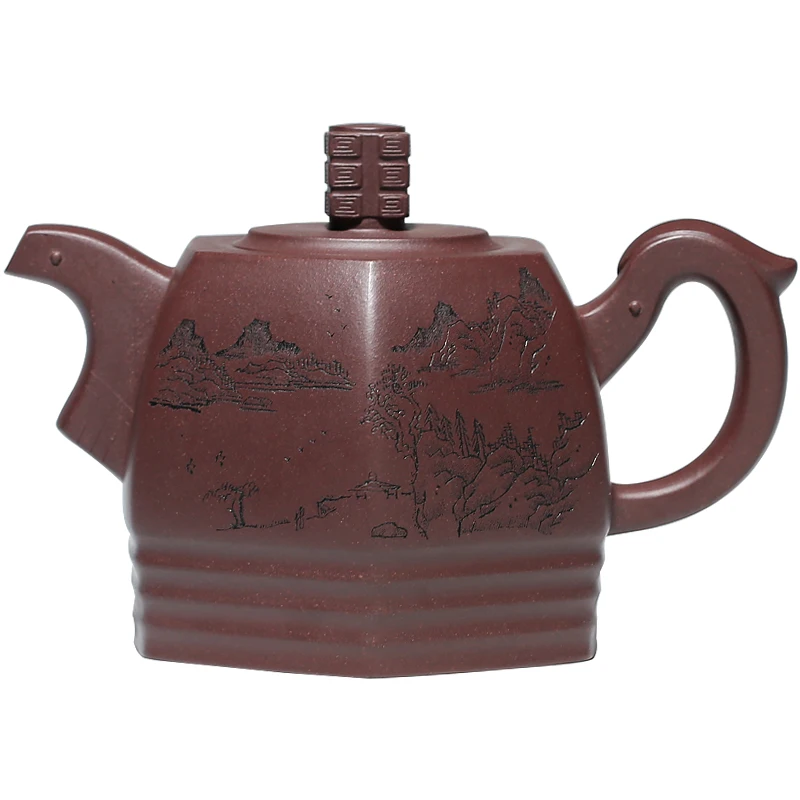 |Famous craftsman Zisha teapot six square teapot landscape kungfu tea set one pot four cups home tea new product