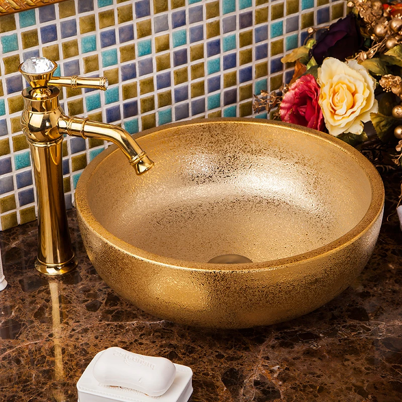 

New design Handmade Europe Vintage Style Lavobo Ceramic Bathroom Countertop Bathroom Sink ceramic wash basin gold