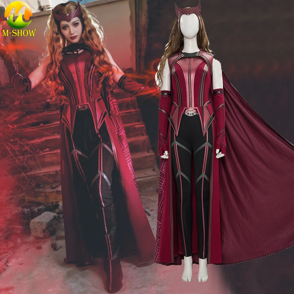 

2021 Halloween Witch Cosplay Scarlet Costume Elizabeth Olsen Witch New Suit with Cloak Boots Full Set Custom Made