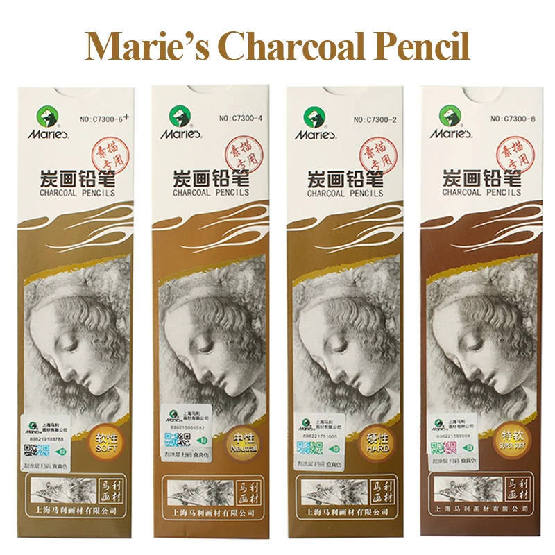 Marie\'s C7300 Professional Sketch Charcoal/Carbon Pencil 12pcs Soft/Medium/Hard/Extra-soft Charcoal Pens Painting Art Supplies