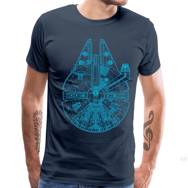 Gift T Shirt Men Millenium Falcon Blueprint Tshirt 100% Cotton Father Day Tees Retro Geometric Spaceship Print Clothes