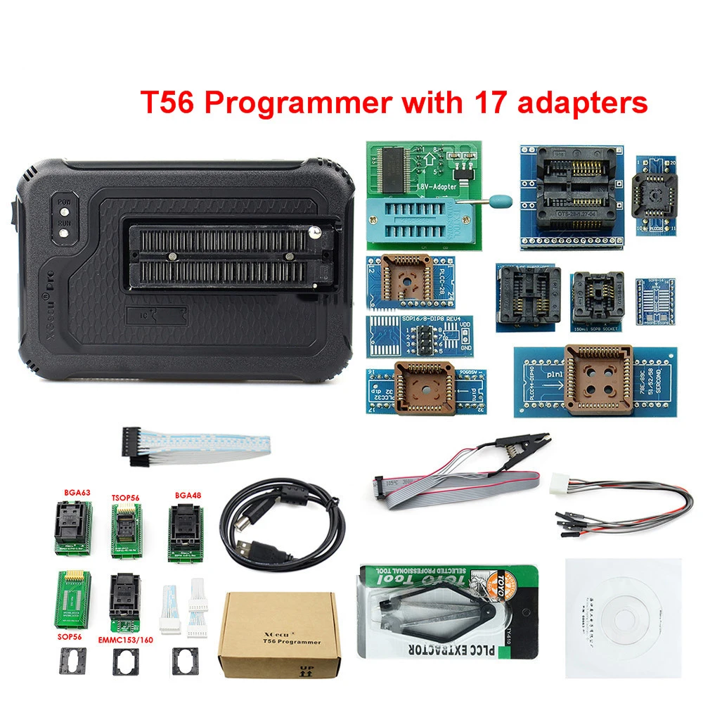 Programador universal xgecu t56, original, suporte poderoso, nor flash/nand flash/emmc + 15/17 adaptadores, clipe de teste, calculadora inteligente