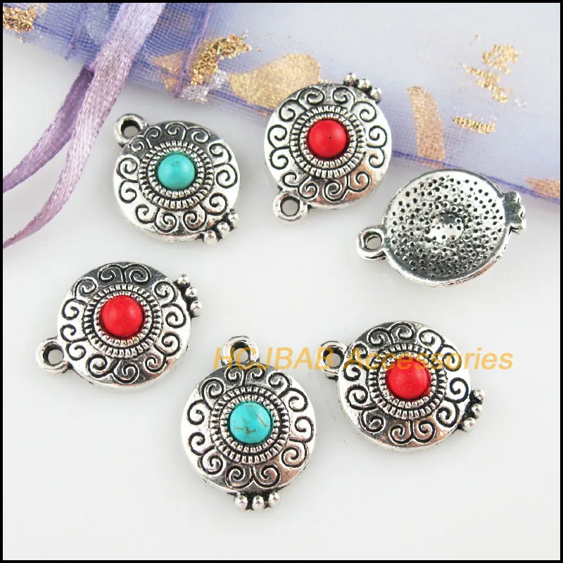 12Pcs Tibetan Silver Tone Flower Red & Blue Stone Round Charms Pendants 14x18.5mm