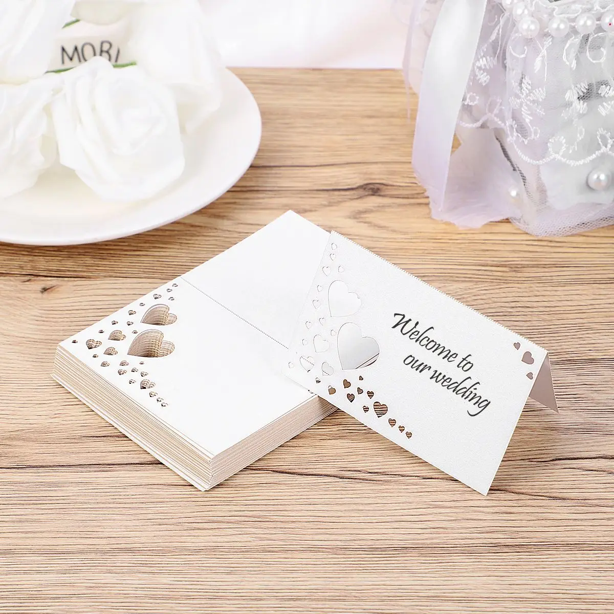 50PCS Paper White Elegant Table Card Heart Hollowed Table Namecard Table Cards Place Cards Wedding Guests Banquet Party Favors