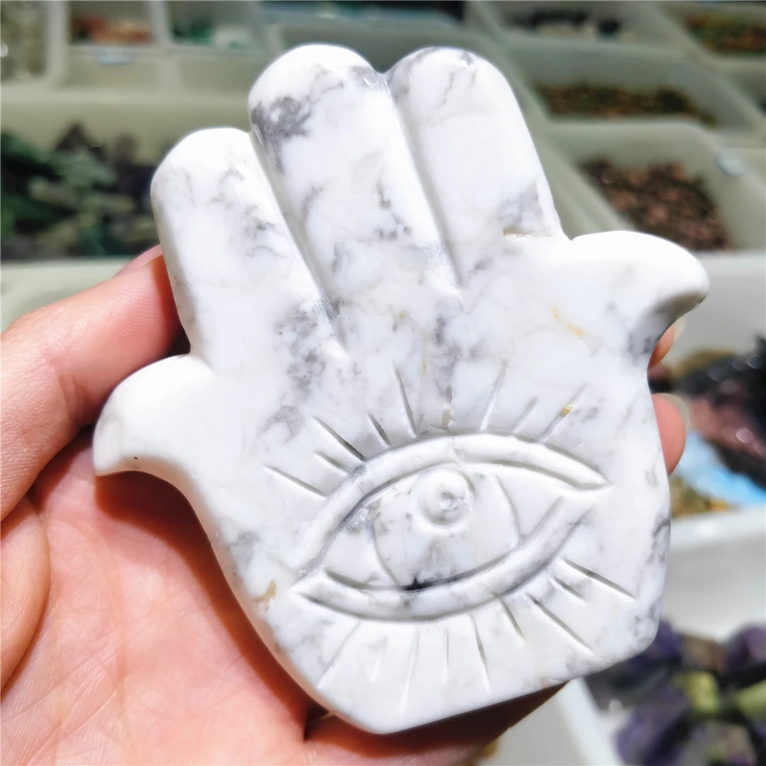 Natural Polar Jades Carvings Evil Eye Palm Figurine White Howlite Decorative Sculpture Collections Crystal Jewelry Creation