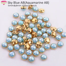 RESEN Top Grade Gold Sewing Pearl Bead  Sky Blue AB 6mm 8mm Mix Color Claw Rhinestones Sew On Pearls Button For Fabric Clothes