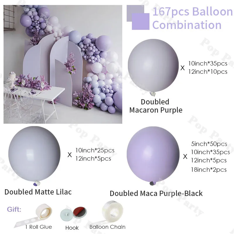 102/167pcs Balloons Garland Arch Doubled Purple Lalic Globos Lady/Girl Wedding Happy Birthday Bachelor Party Decor Supplies