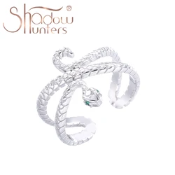 SHADOWHUNTERS Real 925 Sterling Silver Long Snake Ring Green Eyes CZ Luxury Wedding Rings Adjustable For Women Bijoux Christmas