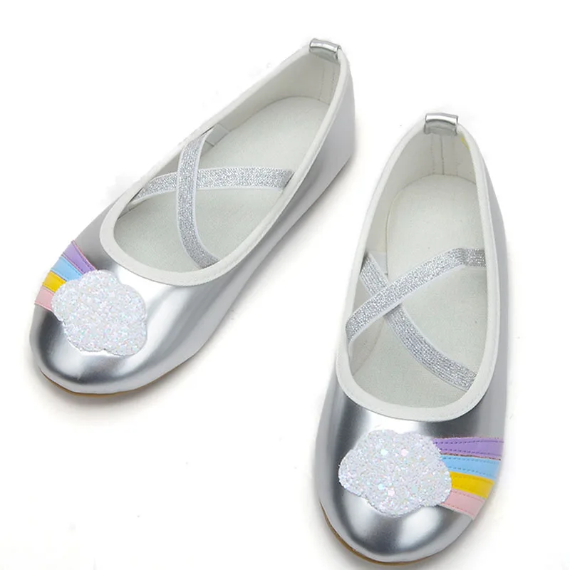 2023 New Girls Shoes Clouds Rainbow Kids Flats Children Silver Soft Soles Baby Girl Princess Dance Shoes Slip On Loafers CSH1240