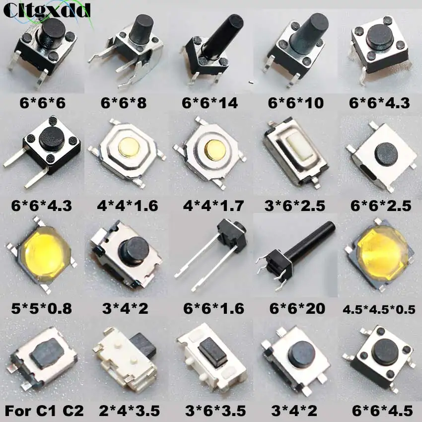 

100PCS 20models Micro Switch Push Button Tact Switches Reset Mini Leaf Switch SMD DIP 2*4 / 3*4 / 3*6 / 4*4 / 6*6 / 5*5 Diy Kit