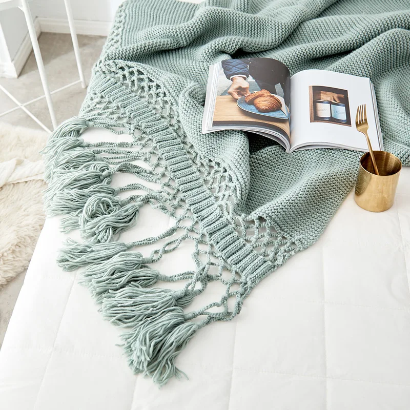 Nordic Sofa Throw Blanket For Beds Hand-knitted Knitted Wool Blanket Leisure Blankets Chunky Knit Blanket Photo Props Tassel