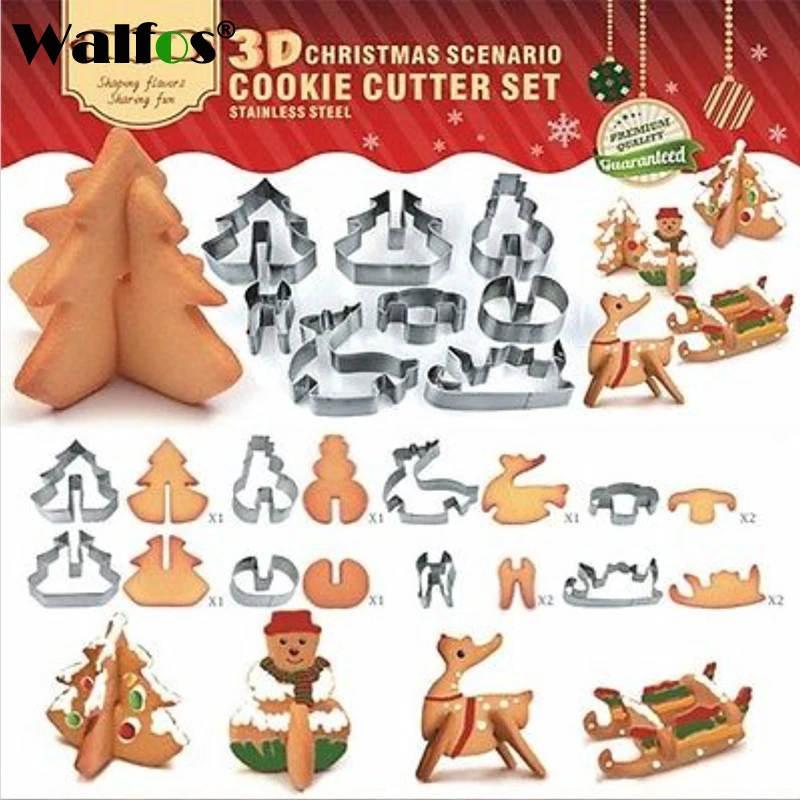 

Walfos 3D CHRISTMAS Cookie Cutter Set Snowman Christmas Tree Cookies Mold Tools Biscuit Mould Fondant Cutter Cake Decoration