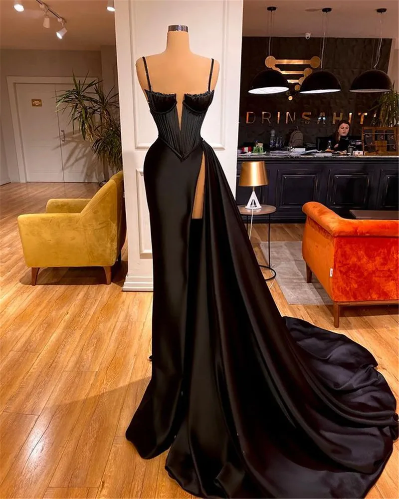 Robe de Rhsirène longue en satin plissé noir sexy, robe de gala de soirée, robe de soirée formelle, occasion de mariage, 2021