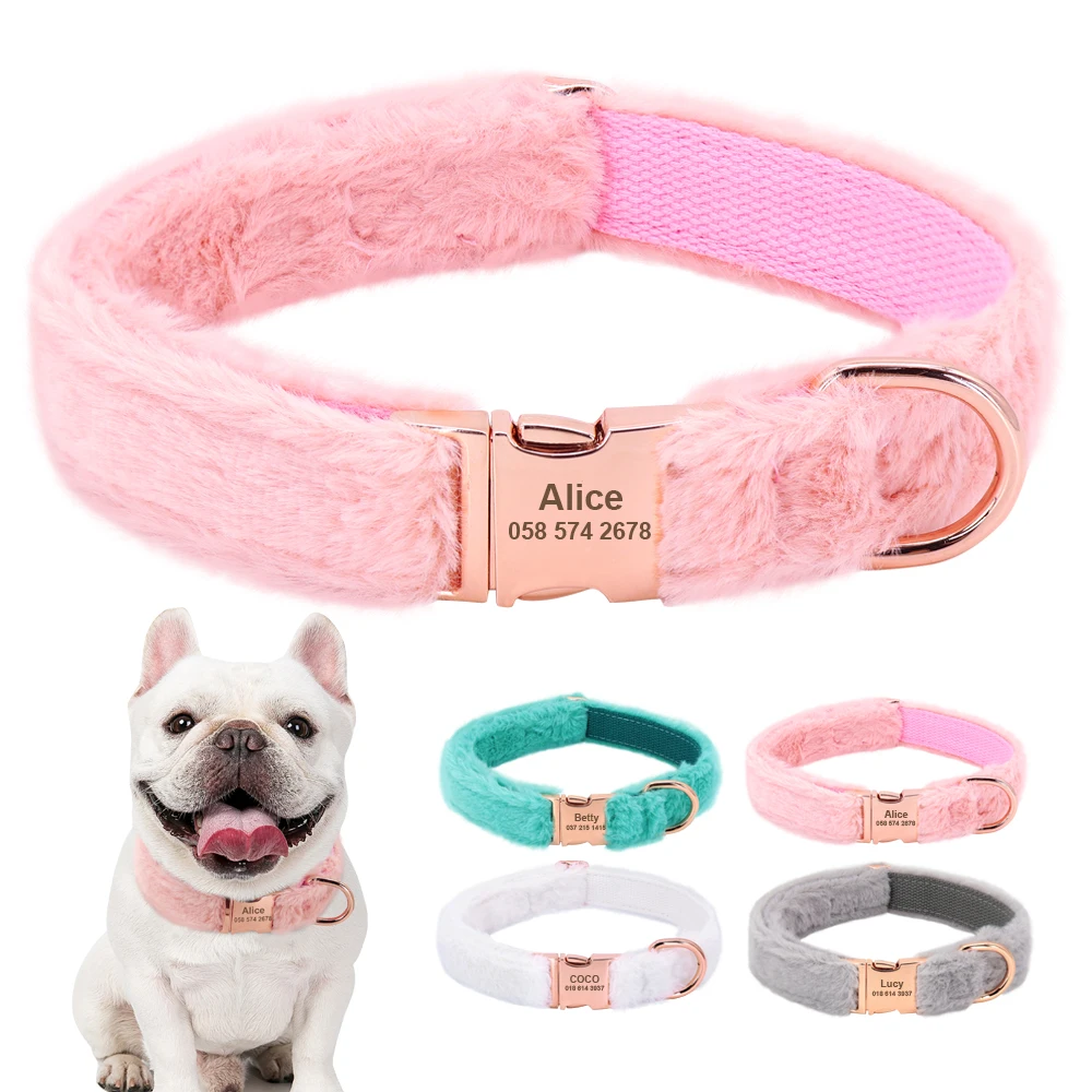 Soft Personalized Dog Collar Winter Warm Fur Customized Pet ID Tag Collars For Small Medium Large Dogs French Bulldog Chihuahua
