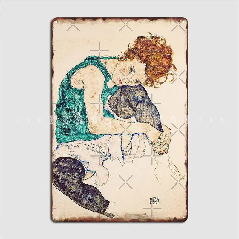 Hd Seated Woman With Legs Drawn Up By Egon Schiele Metal Sign Wall Pub Club Bar Printing Wall Plaque Tin Sign Posters